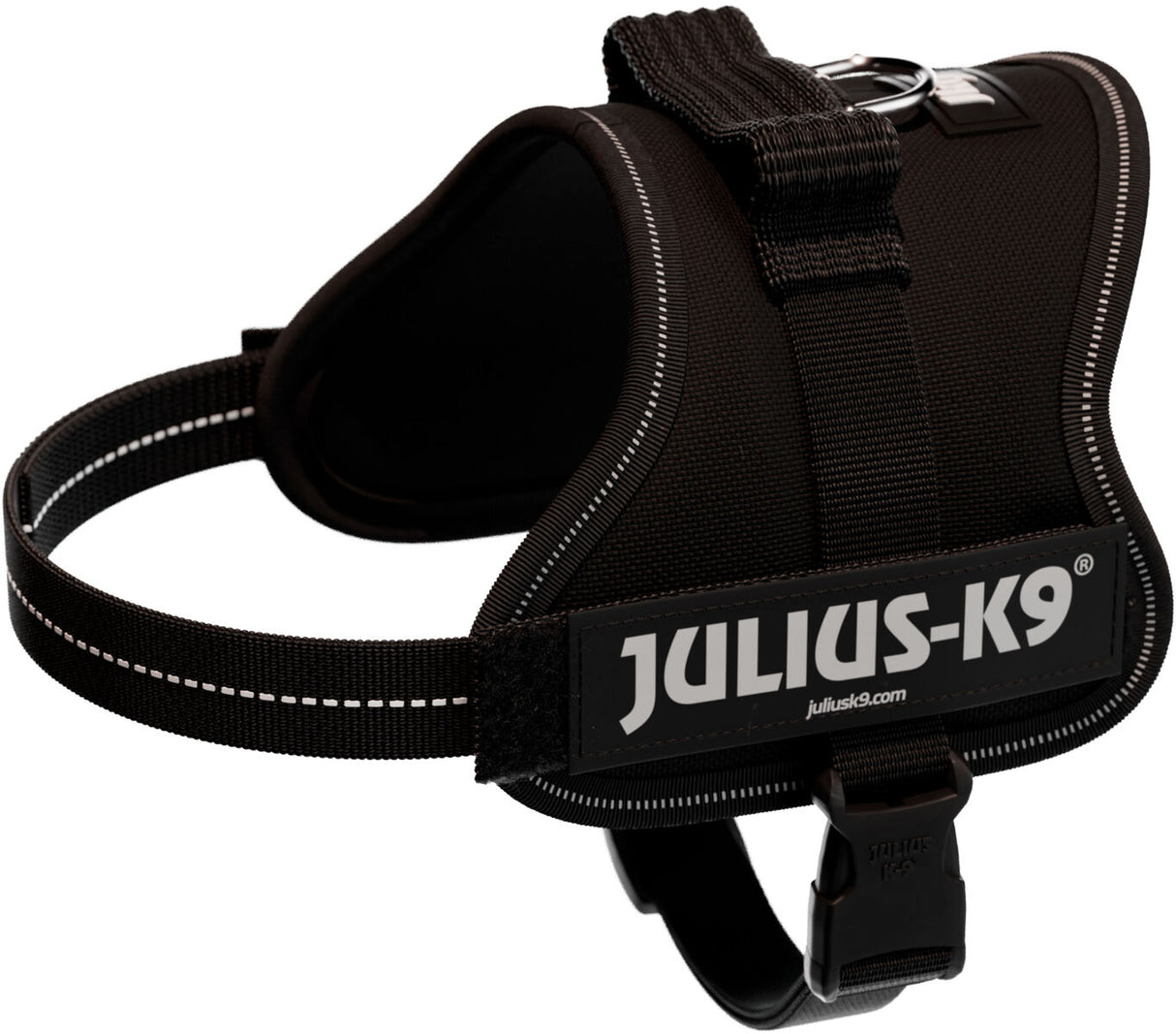 Schwarzes Hundegeschirr mit sichtbarem JULIUS-K9-Logo und reflektierenden Nähten.