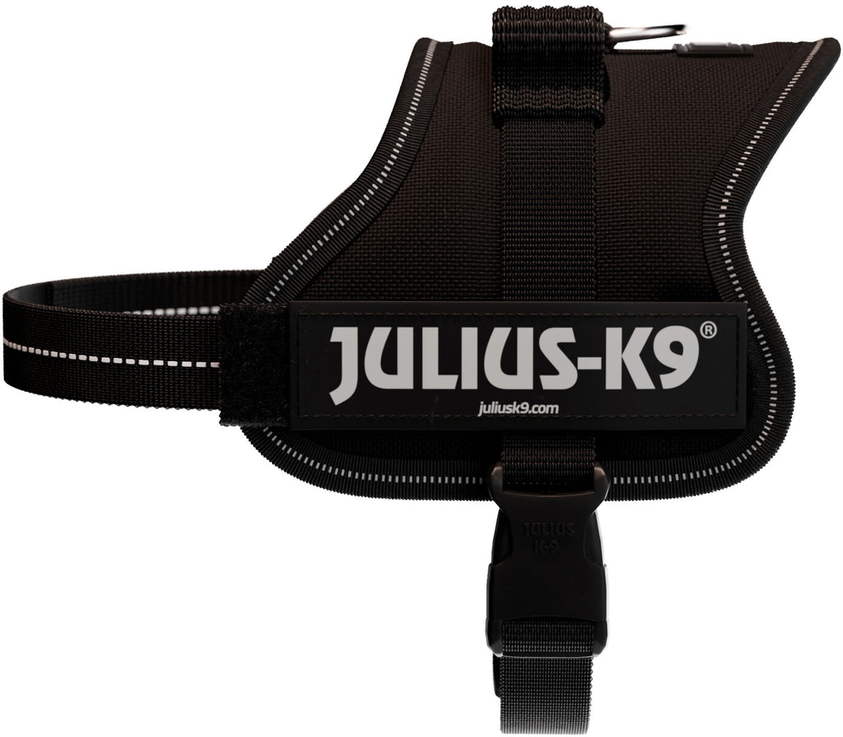 Schwarzes Hundegeschirr mit Aufschrift "Julius-K9", verstellbarem Gurt und Kunststoffverschluss.