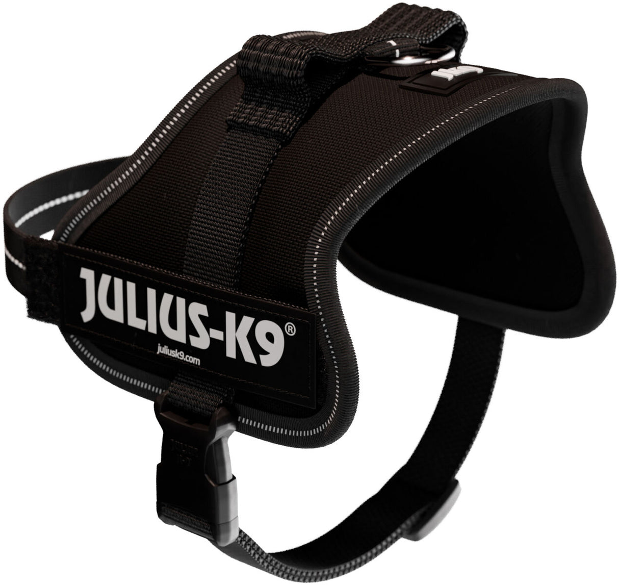 Schwarzes Hundegeschirr mit “Julius-K9” Aufdruck, stabiler Verschluss und Haltegriff, reflektierende Details.