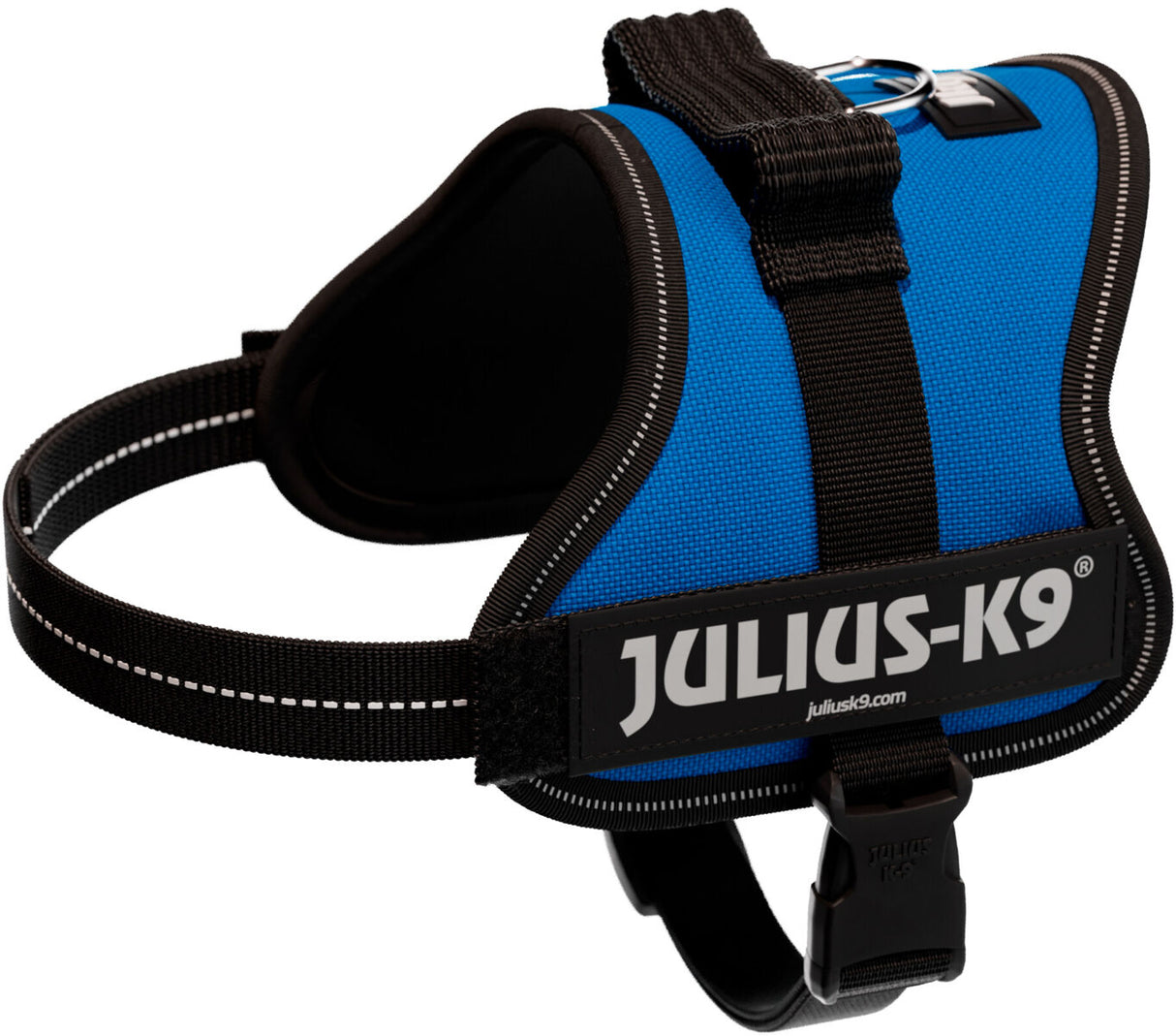 Blaues Geschirr mit schwarzem Gurt, reflektierenden Nähten und JULIUS-K9-Logo, geeignet für Hunde.