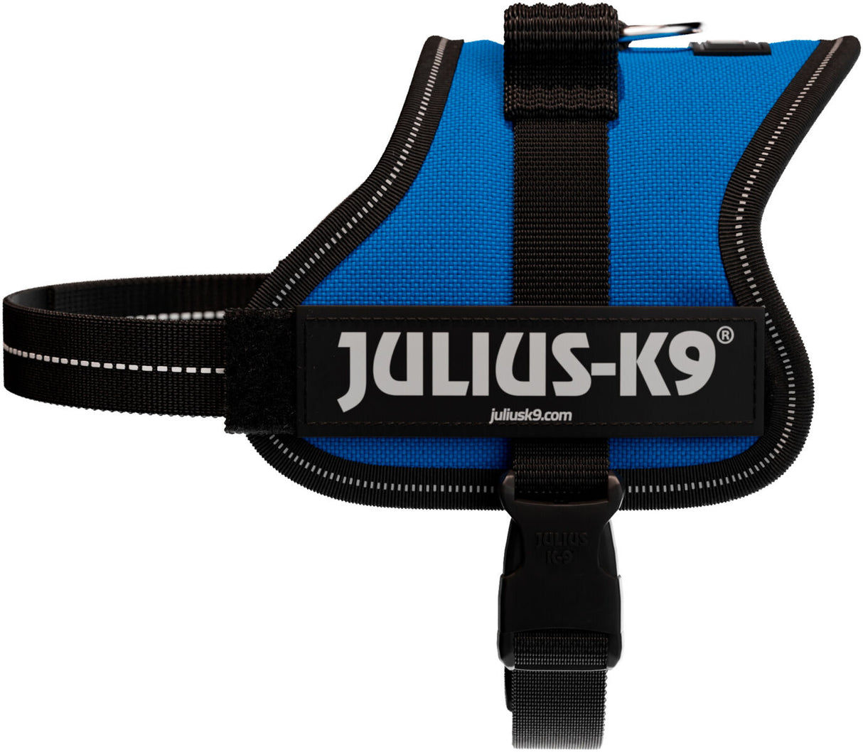 Blaues Julius-K9 Hundegeschirr mit schwarzem Rand, reflektierendem Streifen und Sicherheitsverschluss.