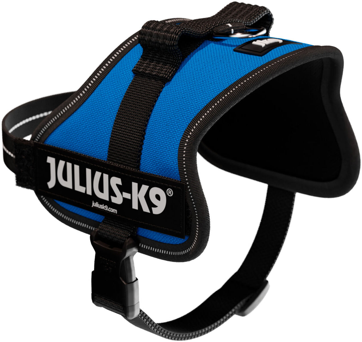 Blaues Hundegeschirr mit schwarzem Rand und einem sichtbaren Logo "Julius-K9" an der Seite.