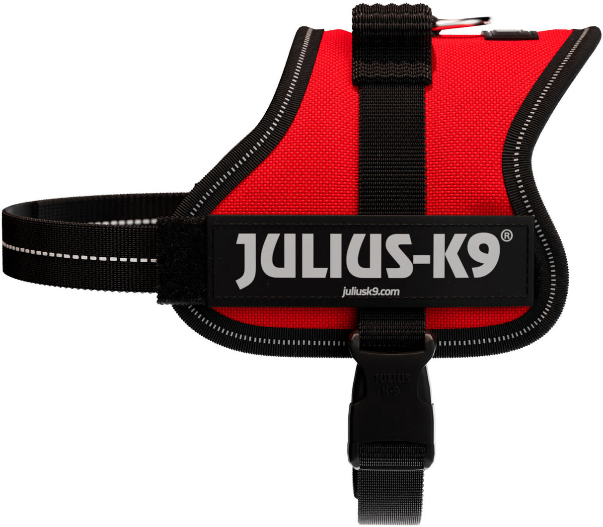 Rotes Hundegeschirr mit schwarzem Rand und weißem Logo "Julius-K9" auf der Seite.