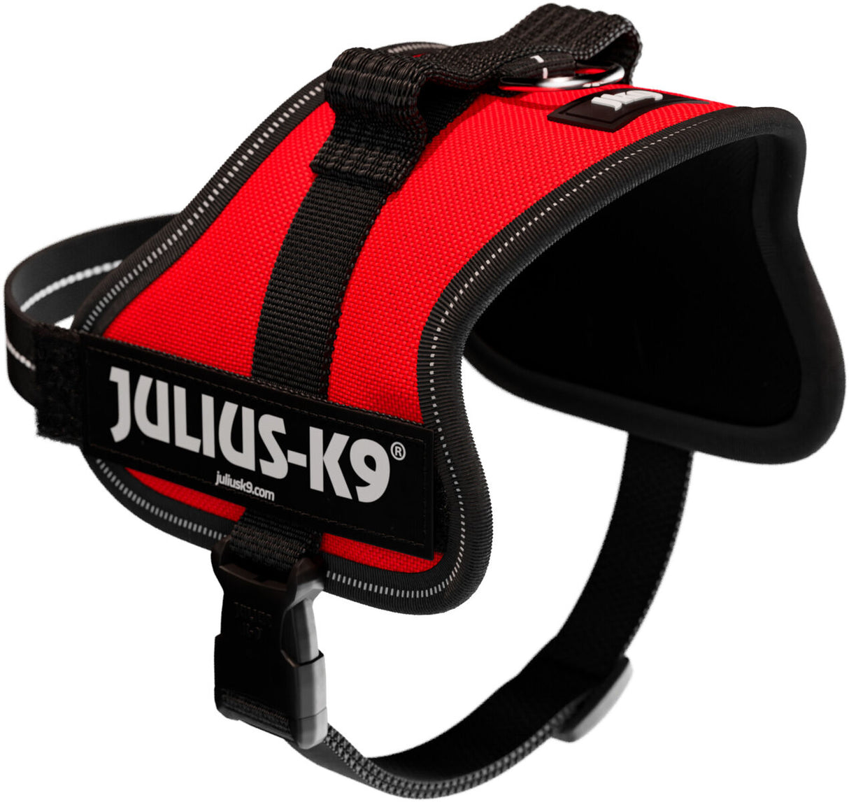 Rotes Hundegeschirr mit schwarzem Rand, kleinem Griff und der Aufschrift "JULIUS-K9".