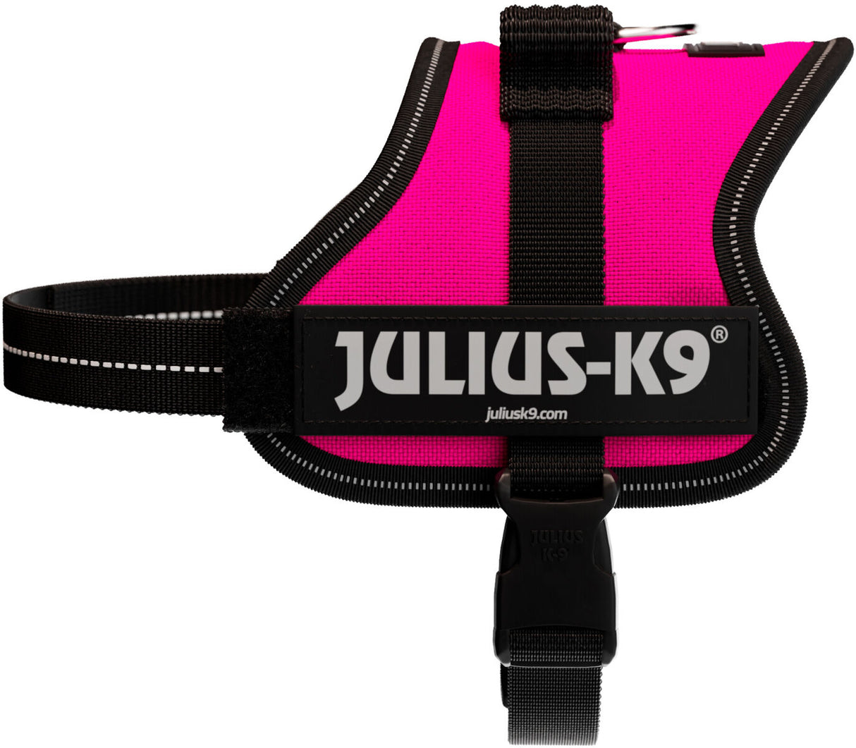 Pinkes Hundegeschirr mit schwarzem Rand und Klettverschluss, sichtbare Aufschrift "Julius-K9".