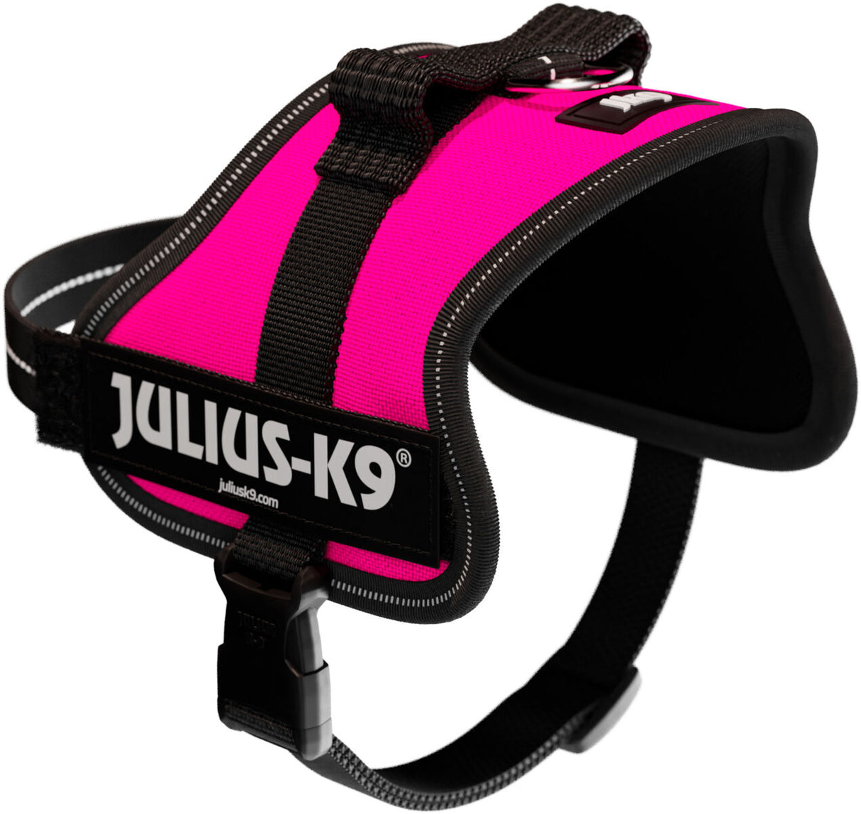 Hundegeschirr in leuchtendem Pink mit schwarzem Rand und deutlich sichtbarem, aufgedrucktem "Julius-K9" Logo.
