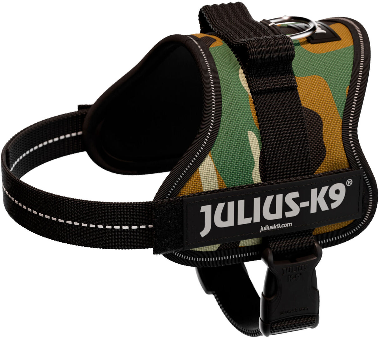 Hundegeschirr in Tarnfarben mit schwarzem Gurtband und silberfarbenem D-Ring, etikettiert mit "Julius-K9".