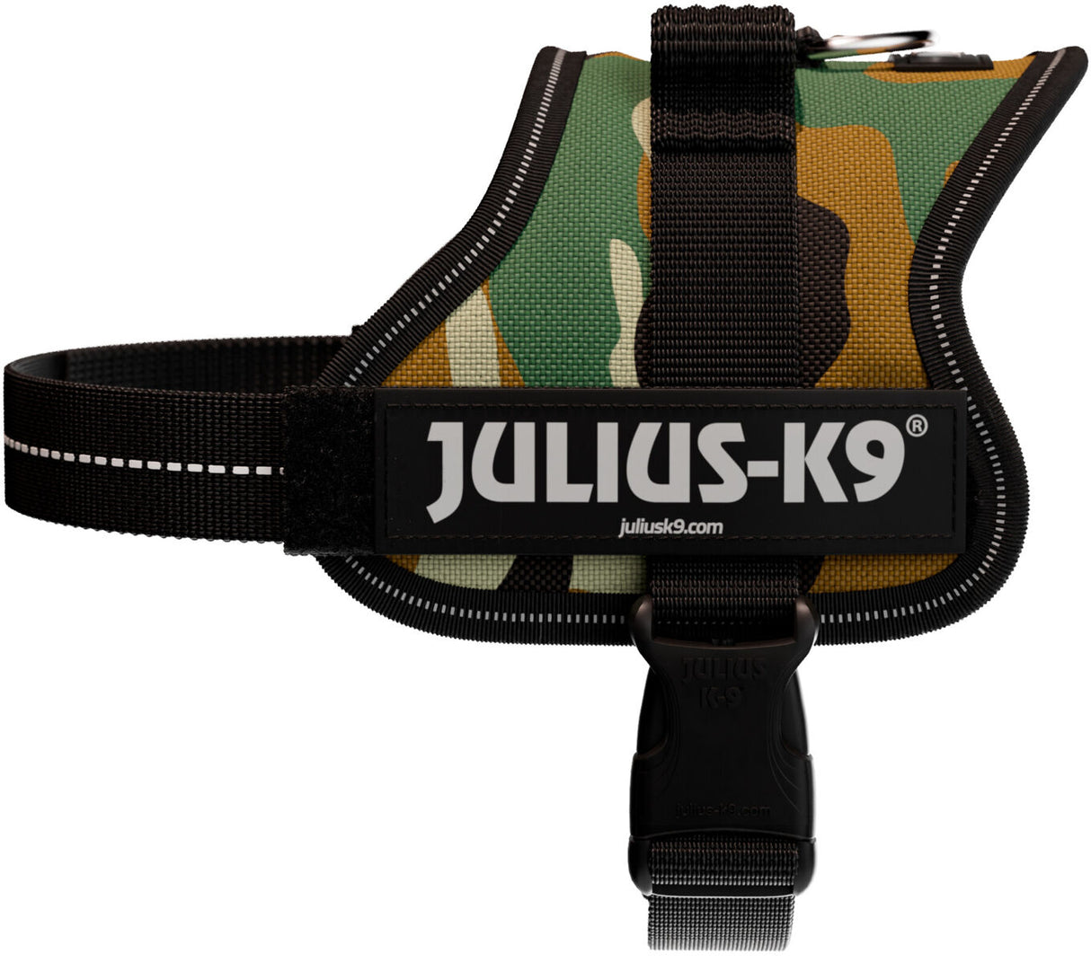 Hundegeschirr mit Camouflage-Muster, schwarzem Rand und weißem "Julius-K9" Schriftzug auf der Vorderseite.