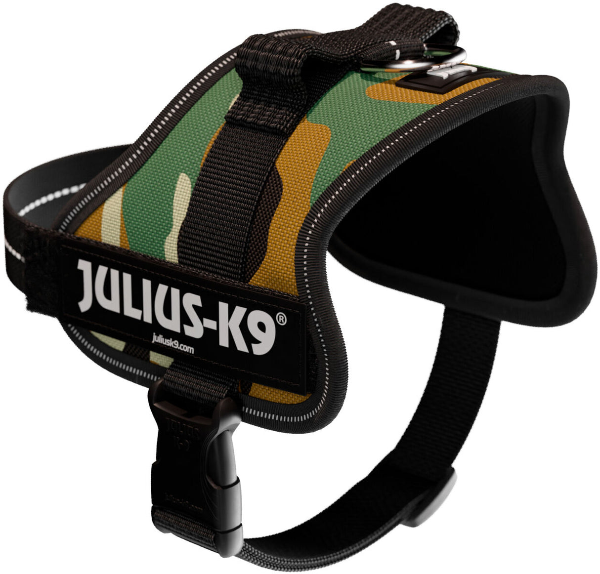 Hundegeschirr mit Camouflage-Muster und Julius-K9-Logo in schwarz auf der Seite.