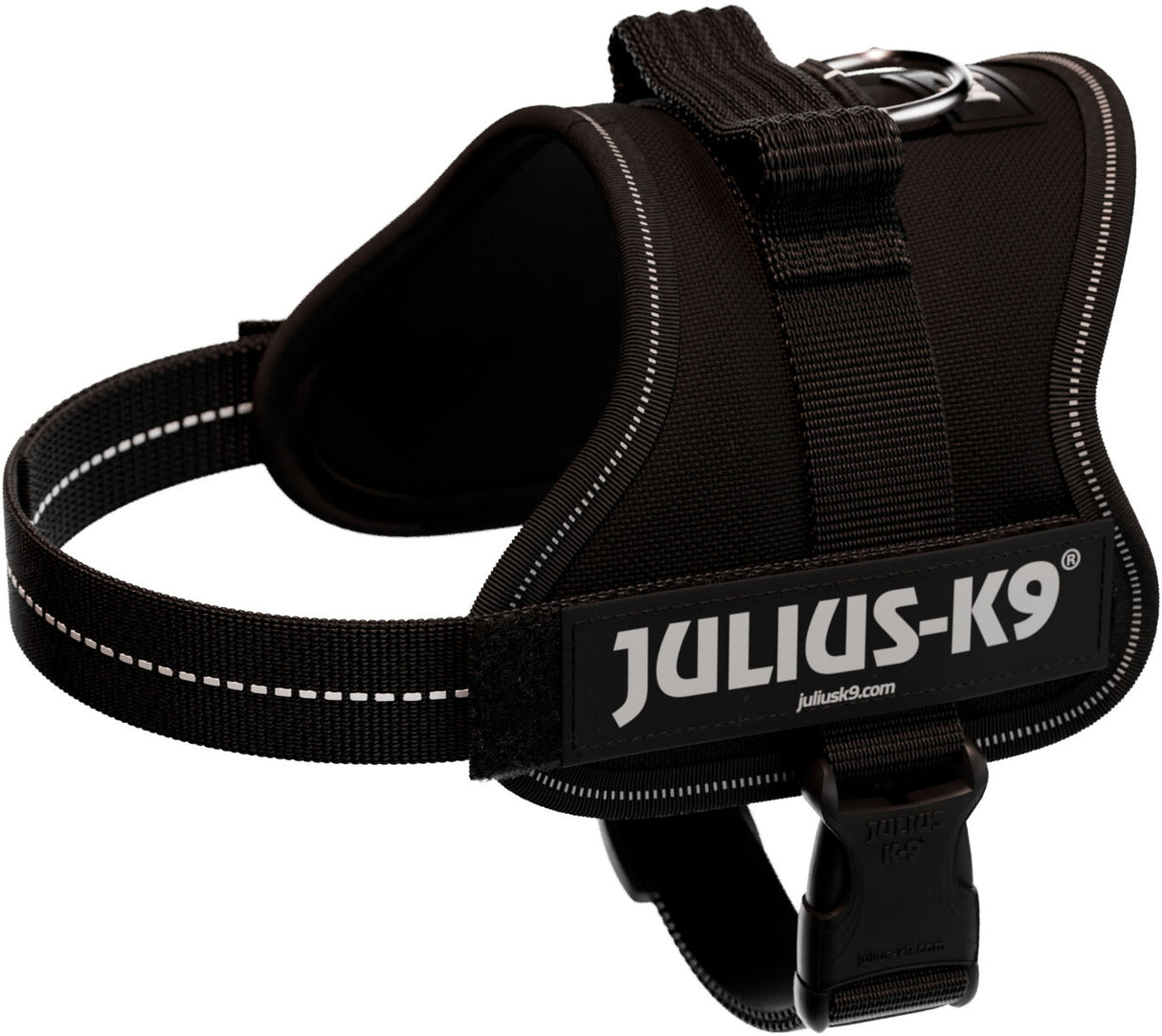 Schwarzes Hundegeschirr mit reflektierenden Streifen und der Aufschrift "JULIUS-K9" auf der Seite.