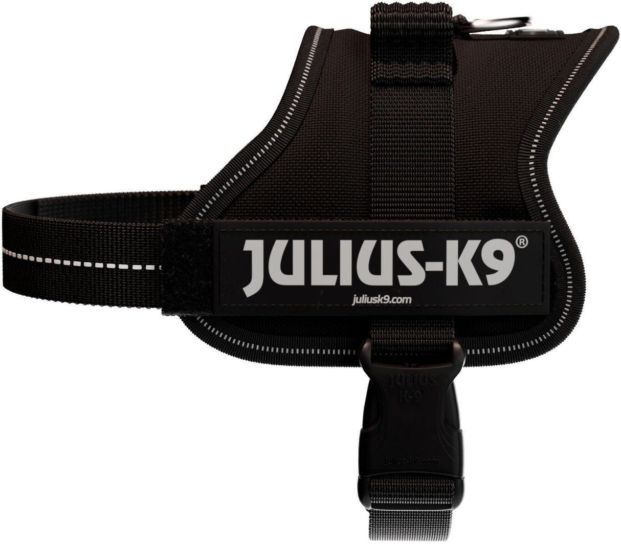 Schwarzes Hundegeschirr mit reflektierenden Streifen und großem "Julius-K9" Logo auf der Vorderseite.