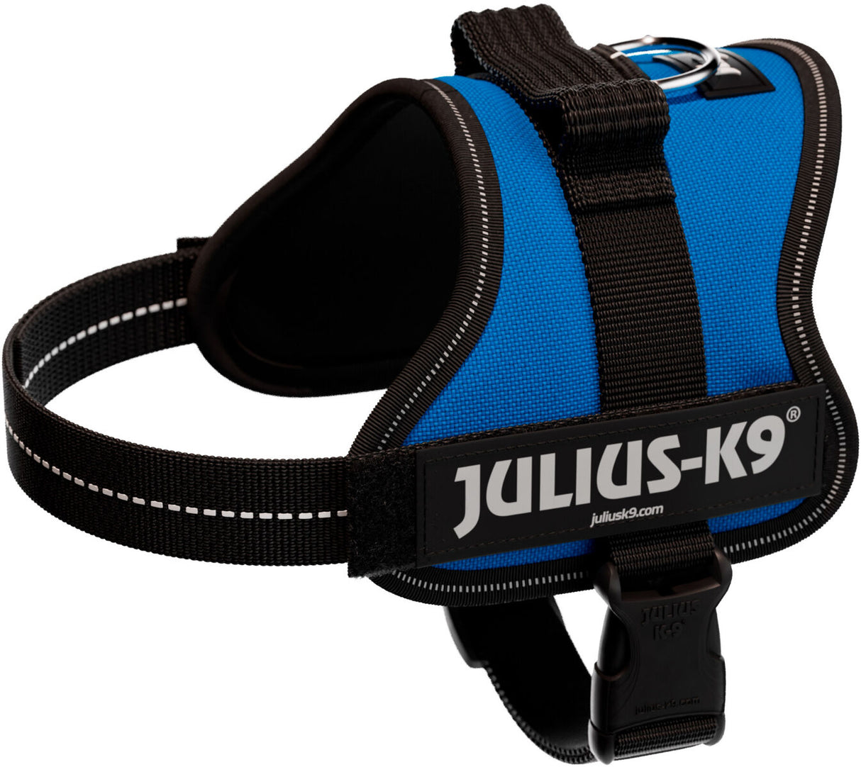 Hundegeschirr in Blau mit schwarzem Gurt, reflektierenden Streifen und Julius-K9-Logo.