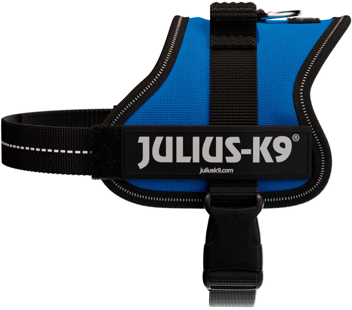 Blaues Hundegeschirr mit schwarzem Rand und Aufdruck "Julius-K9", schwarzer Verschluss und Griff.