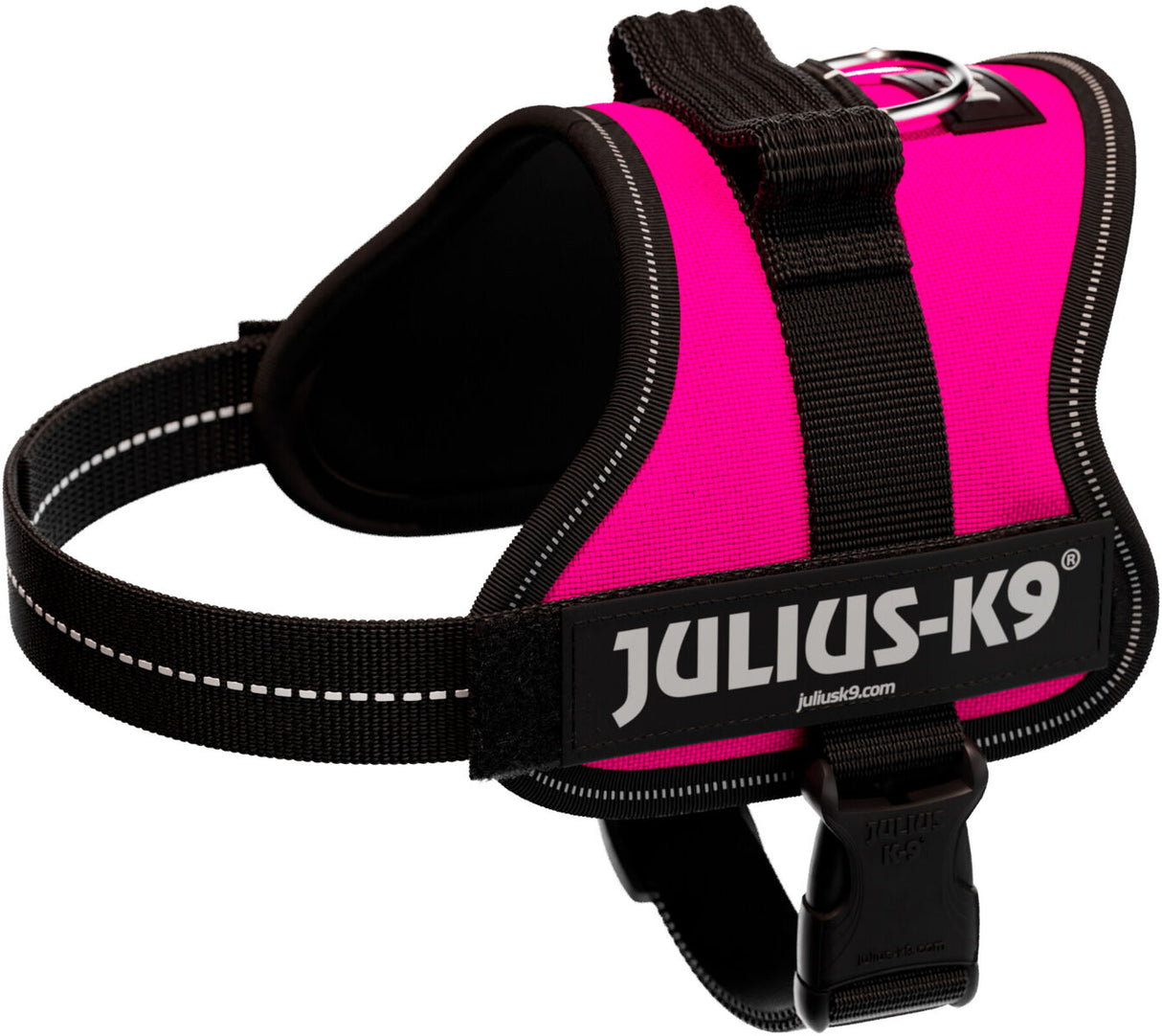 Rosa Hundegeschirr mit schwarzem Rand und verstellbarem Gurt, Aufschrift "JULIUS-K9".