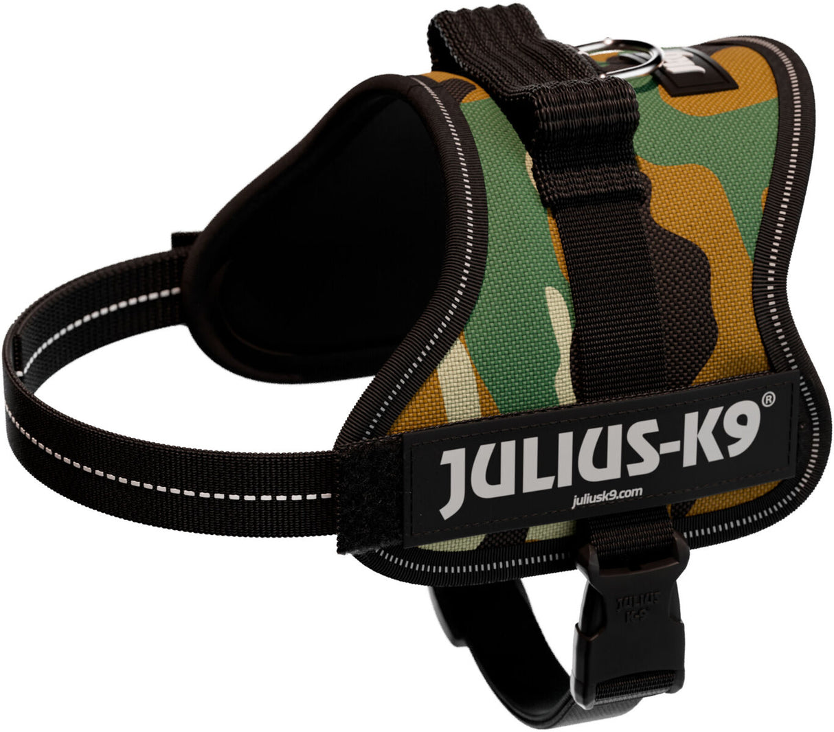 Hundegeschirr mit Tarnmuster und schwarzem Gurt, Markenlogo "Julius-K9" deutlich sichtbar.
