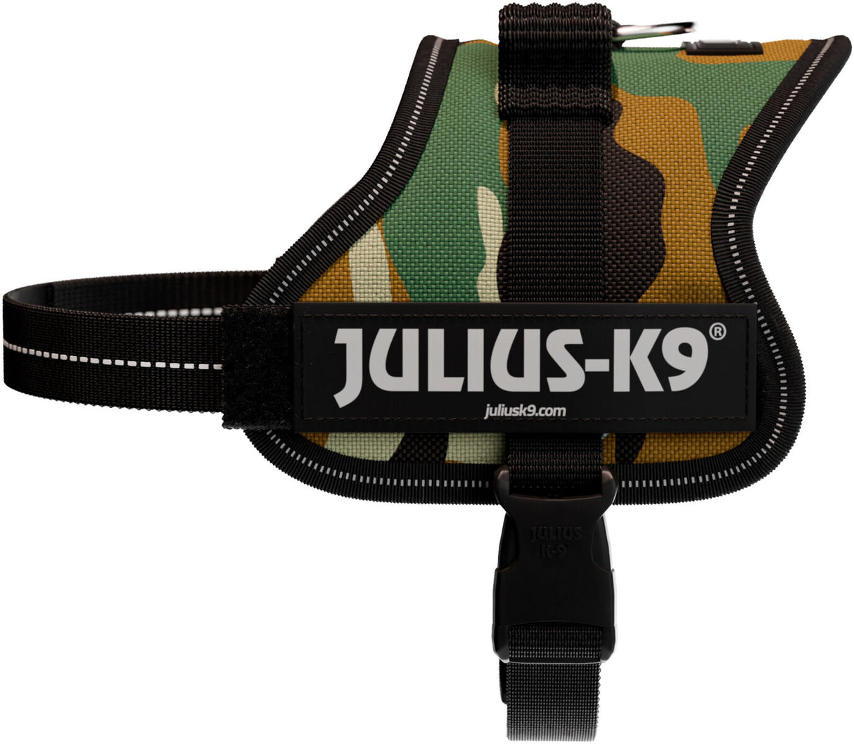 Hundegeschirr in Tarnfarbe mit schwarzem Rand und weißem "Julius-K9"-Schriftzug auf der Seite.