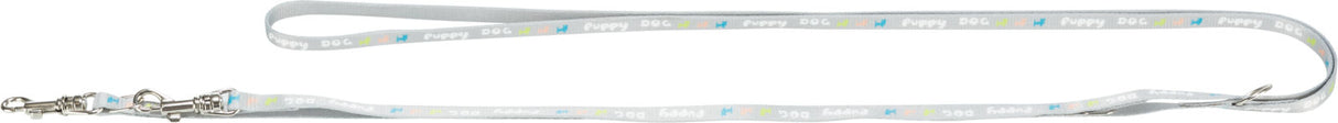 Graues Hundehalsband mit Metallklammern und buntem Schriftzug "DOG" und "Puppy".