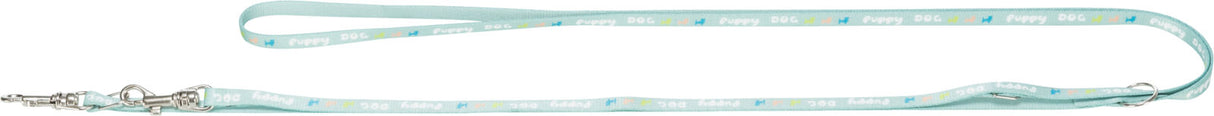 Hellblaue Hundeleine mit Schriftzug "Puppy DOG" und bunten Symbolen, ausgestattet mit Metallhaken.