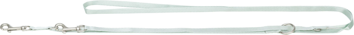 Mintgrüne Leine mit zwei Metallkarabinern und Ösen, flach und länglich gestaltet.