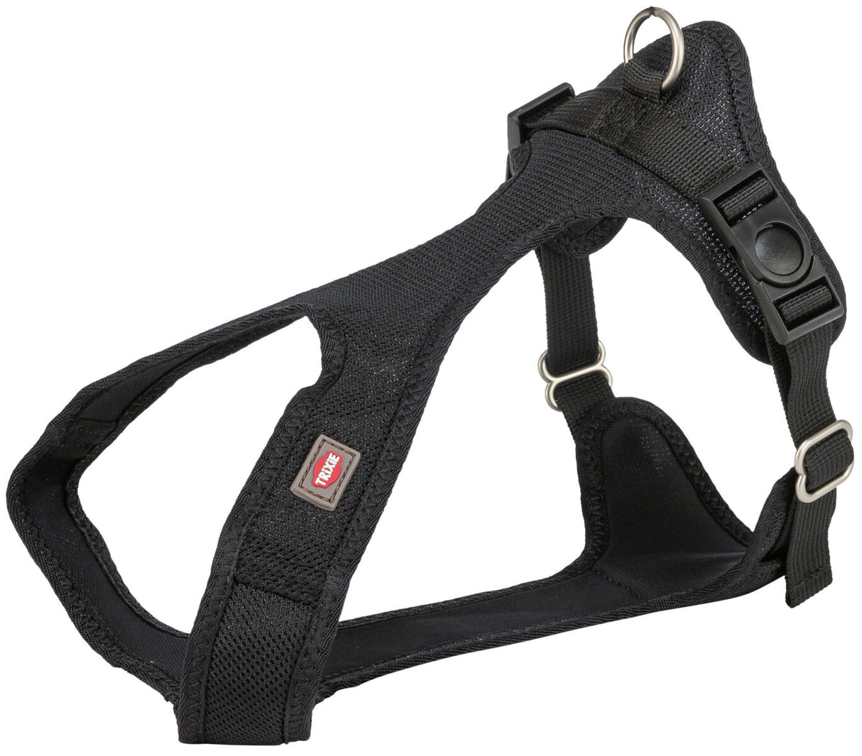 Schwarzes Hundegeschirr mit Schnallen und Befestigungsring.