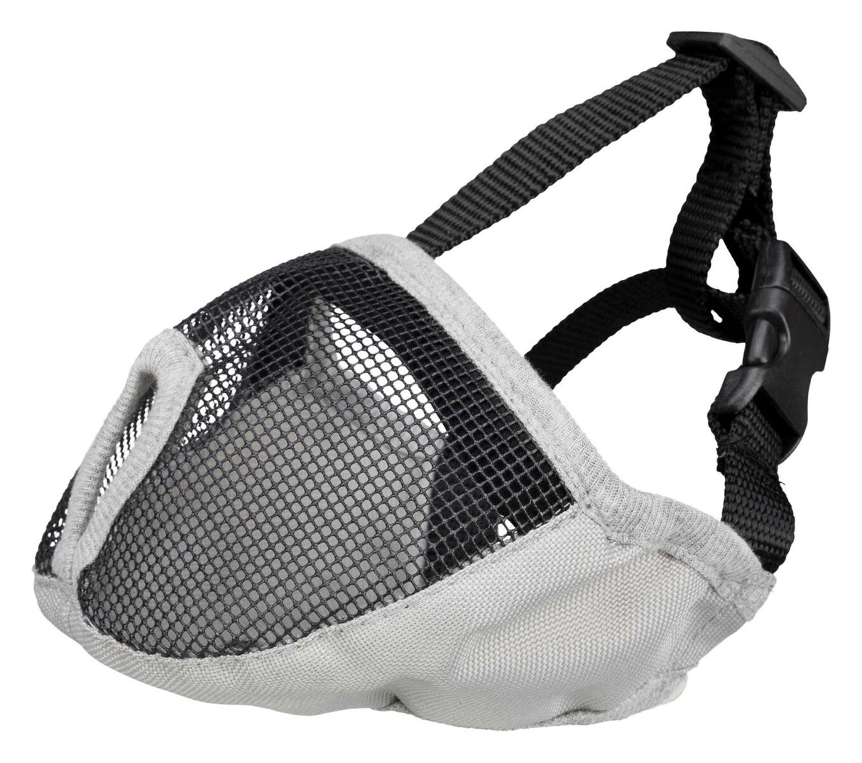 Schwarz-weißer Maulkorb für Hunde mit verstellbarem Riemen und Netzmaterial für verbesserte Atmungsaktivität.