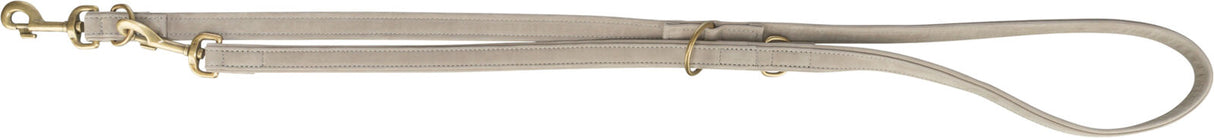 Beige Hundeleine mit verstellbaren Abschnitten und goldfarbenen Karabinern.