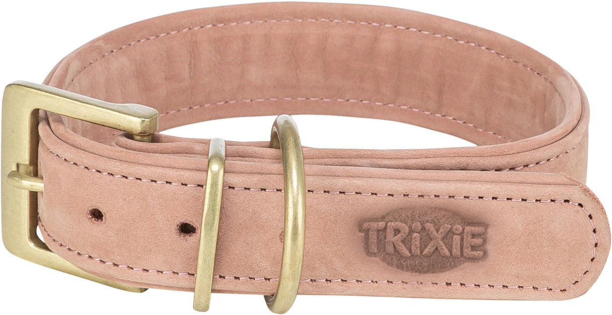 Rosa Hundehalsband mit gesticktem Logo und messingfarbener Schnalle sowie Schlaufen aus Metall.