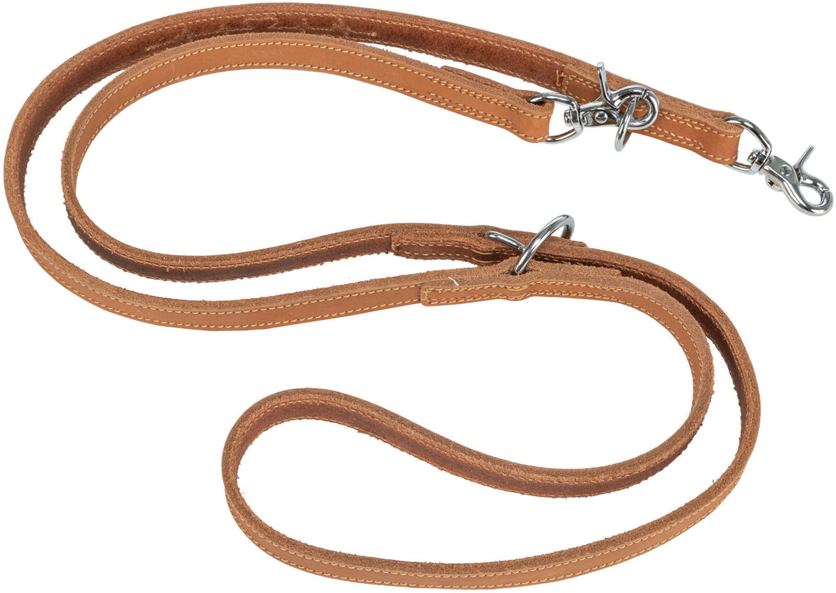 Braune Lederleine mit silbernen Karabinern und Nähten, flach liegend in geschwungener Form.