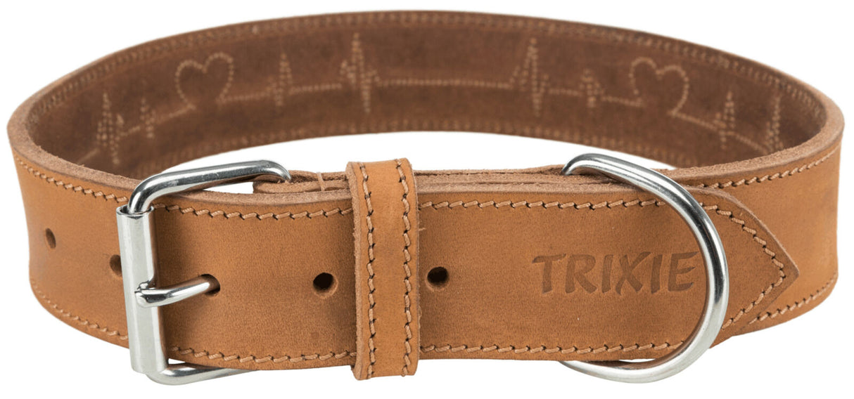 Braunes Lederhalsband mit silberner Schnalle, gesticktes Herz- und Linienmuster, eingraviertes Logo "TRIXIE".