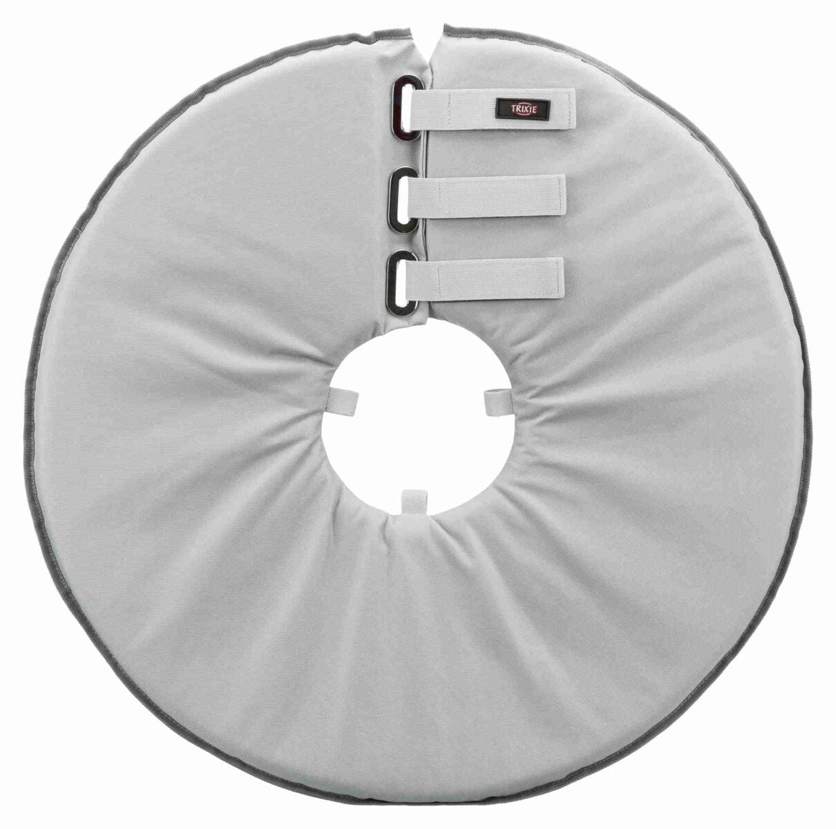 Runder, grauer, gepolsterter Kragen mit drei Klettverschlüssen und Logo-Etikett auf der Oberseite.