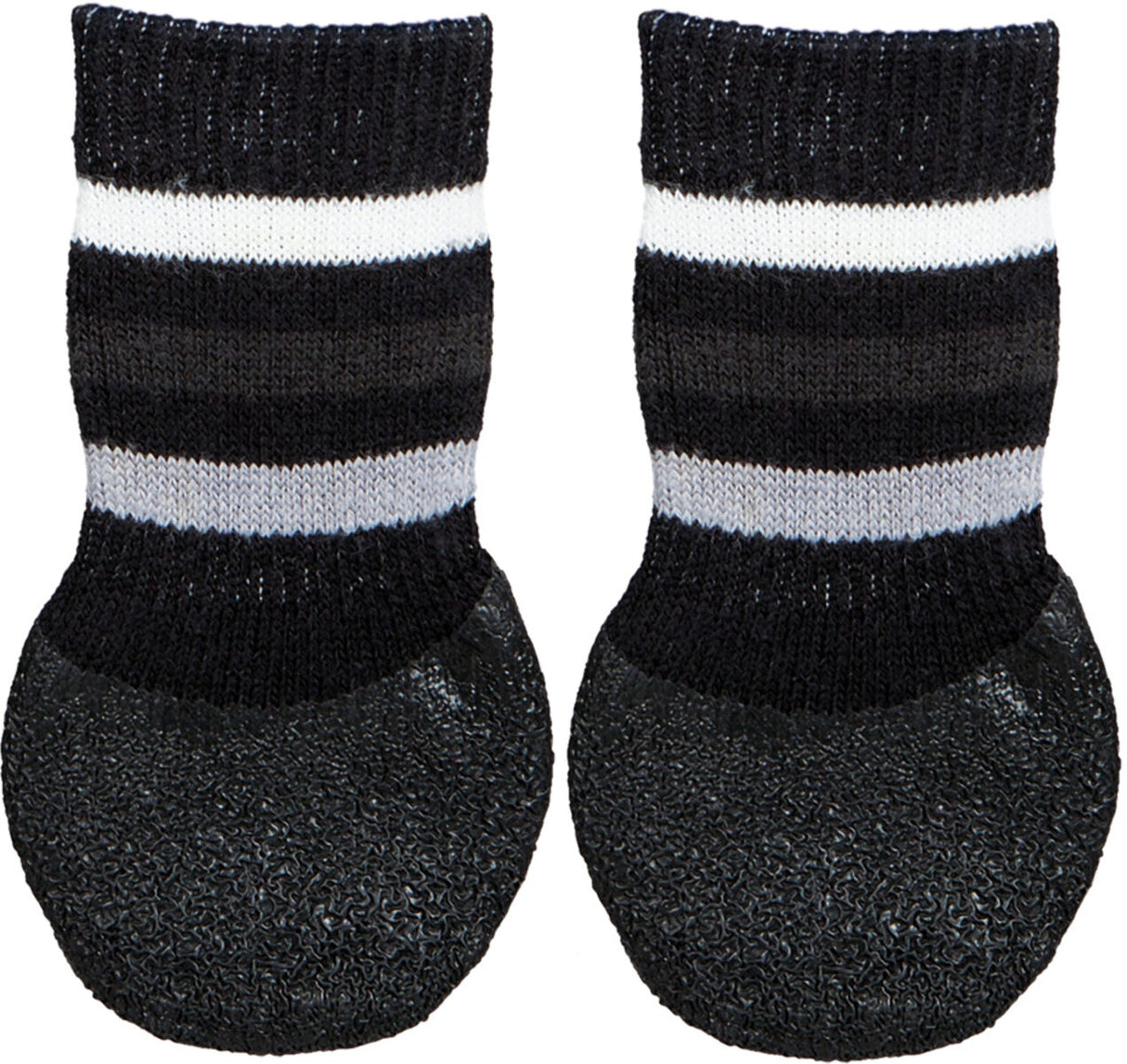 Zwei schwarz-weiß gestreifte Hundesocken mit rutschfester, strukturierter Sohle.