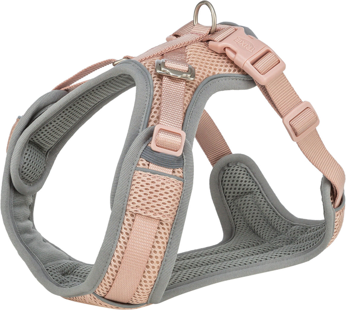 Ein beige-graues, aus Mesh-Material gefertigtes Hundegeschirr mit verstellbaren Gurten und einem Metallring.