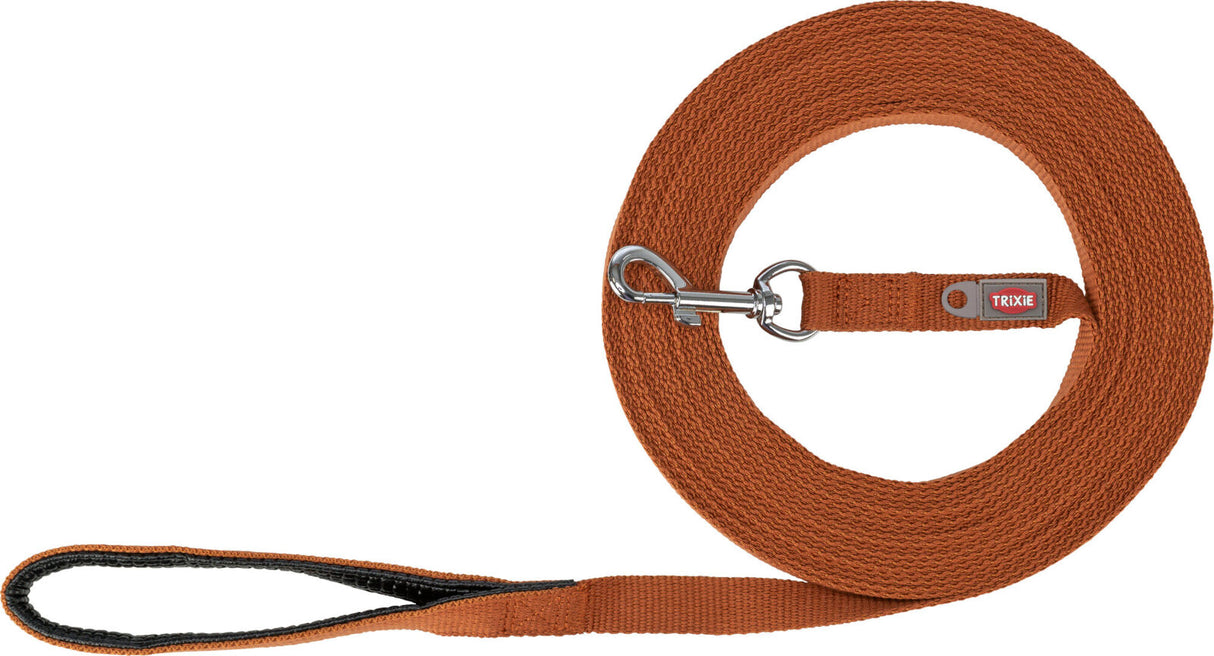 Braune Hundeleine aus geflochtenem Material mit stabilem Metallkarabiner und gepolsterter Handschlaufe.