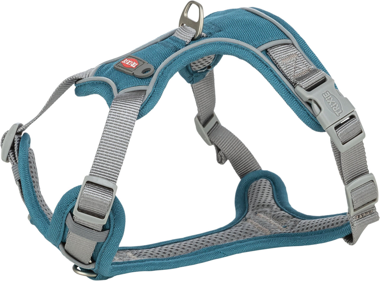 Blaues und graues Hundegeschirr mit verstellbaren Gurten und D-Ring aus Metall.