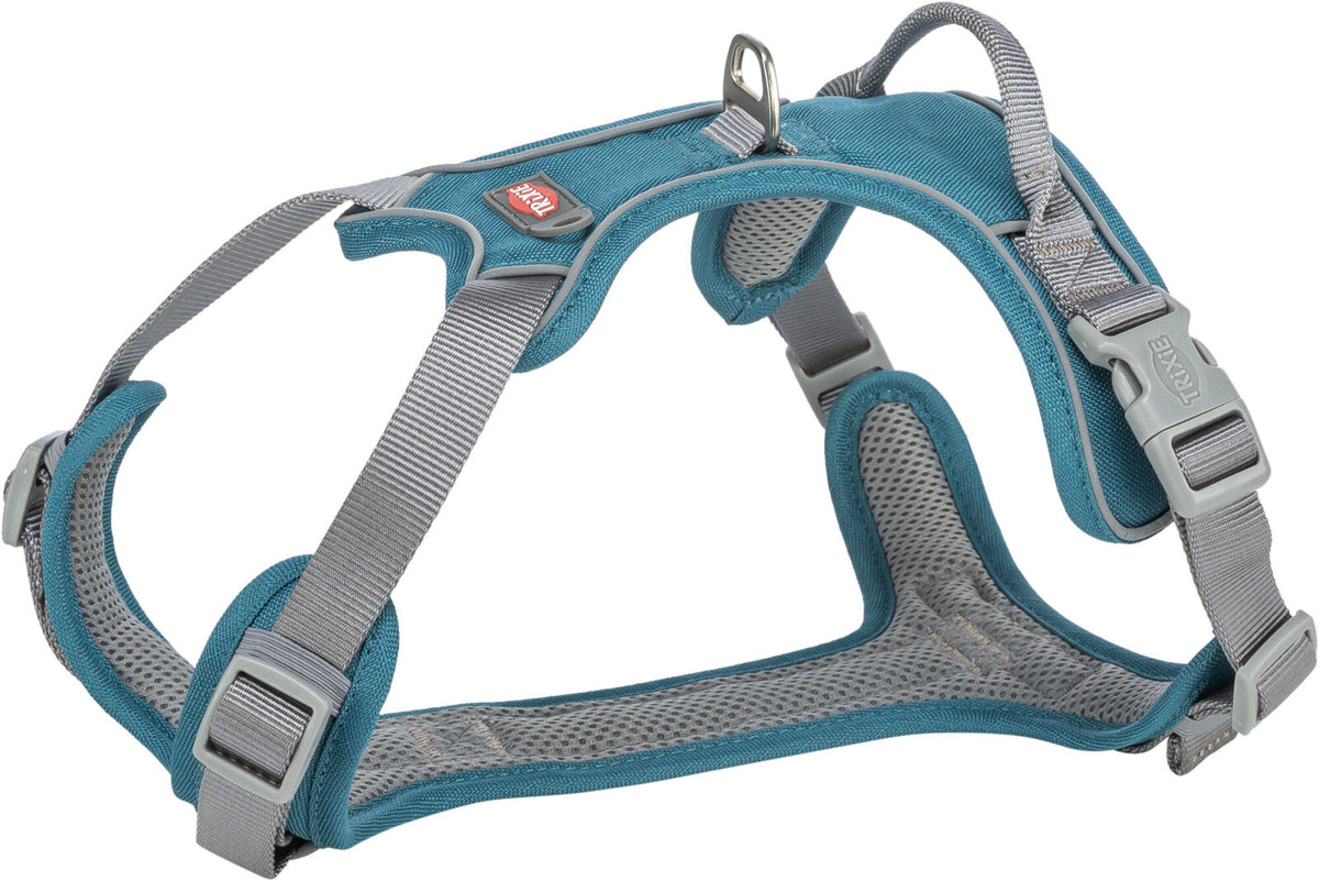 Blau-graues Hundegeschirr mit gepolstertem Netzstoff und verstellbaren Riemen aus robustem Material.