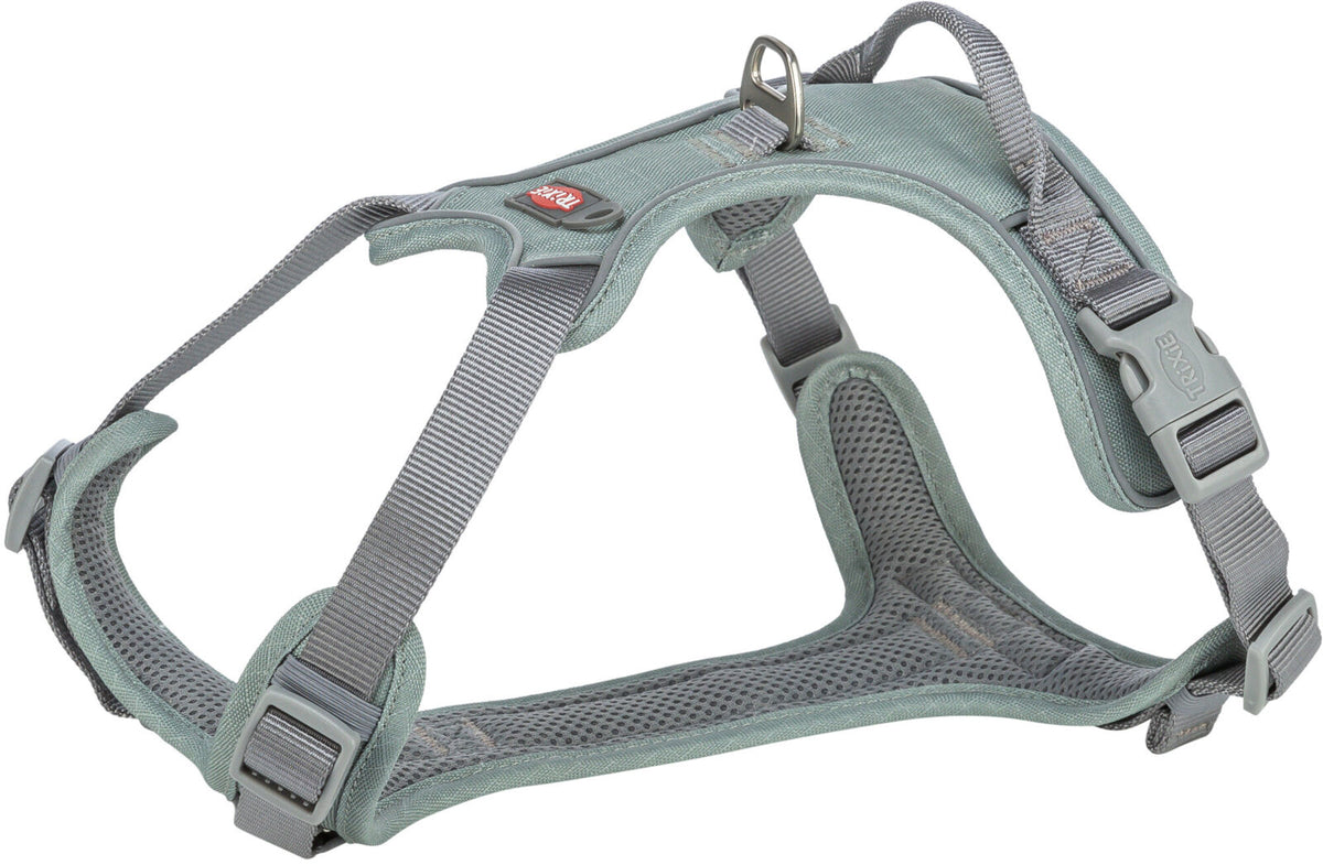 Graues Hundegeschirr mit Netzpolsterung und verstellbaren Riemen aus robustem Material, Metallring oben.