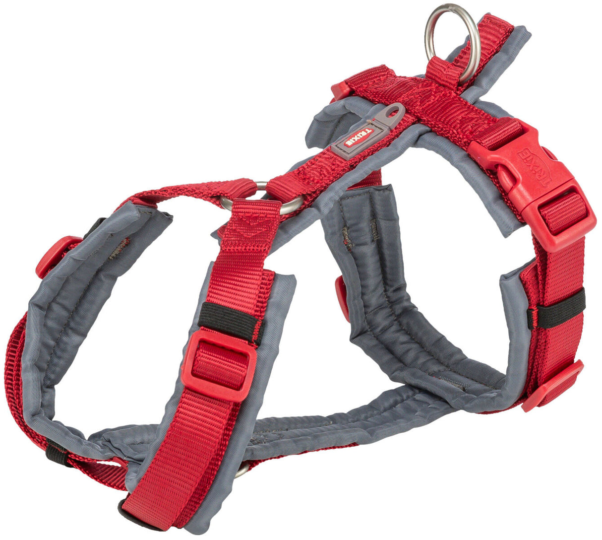 Rotes Hundegeschirr mit grauen Polstern und verstellbaren Gurten, Metallschnallen und Kunststoffverschlüssen.