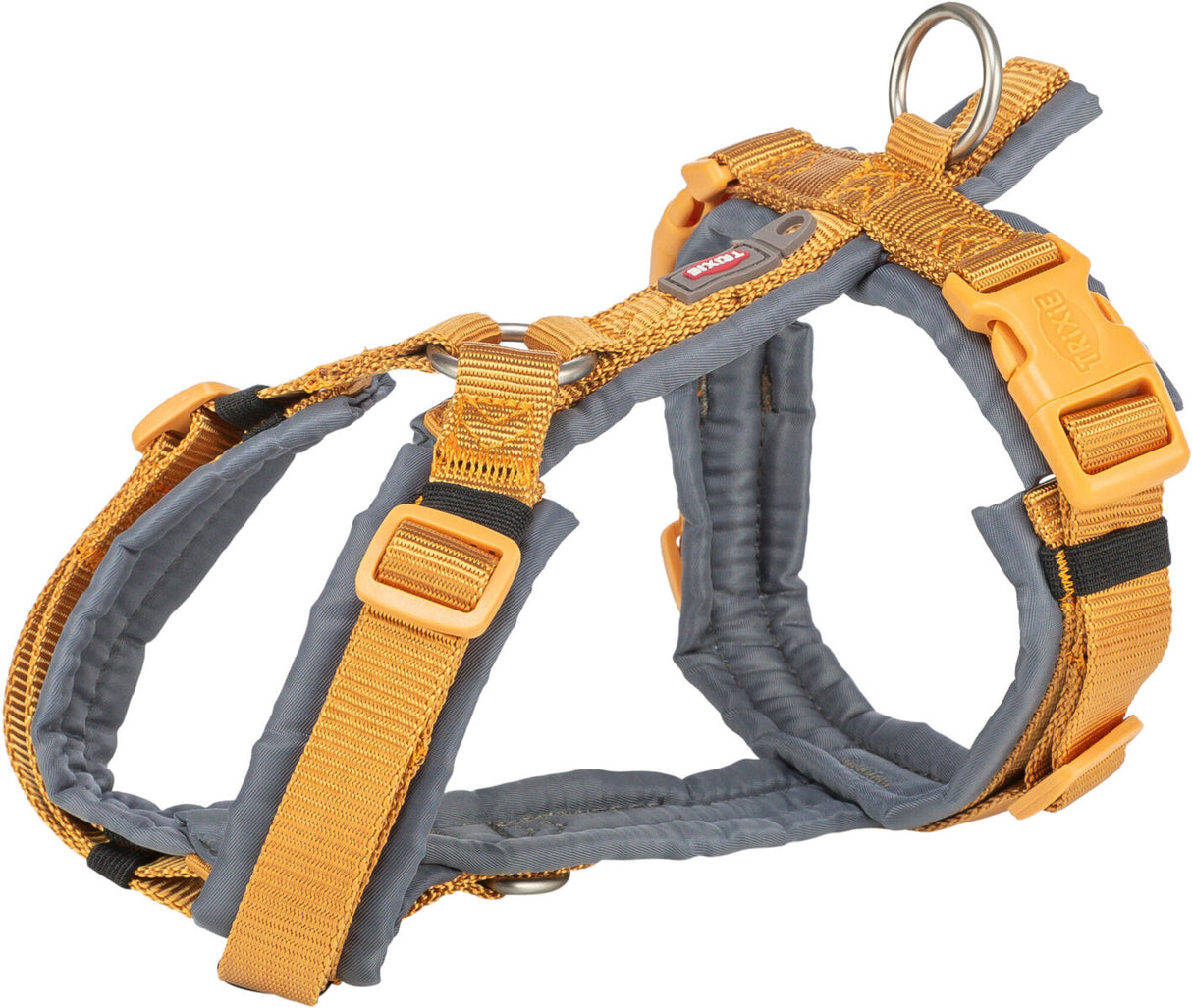 Ein orangefarbenes und graues Hundegeschirr mit verstellbaren Riemen und Schnallen sowie einem Metallring.