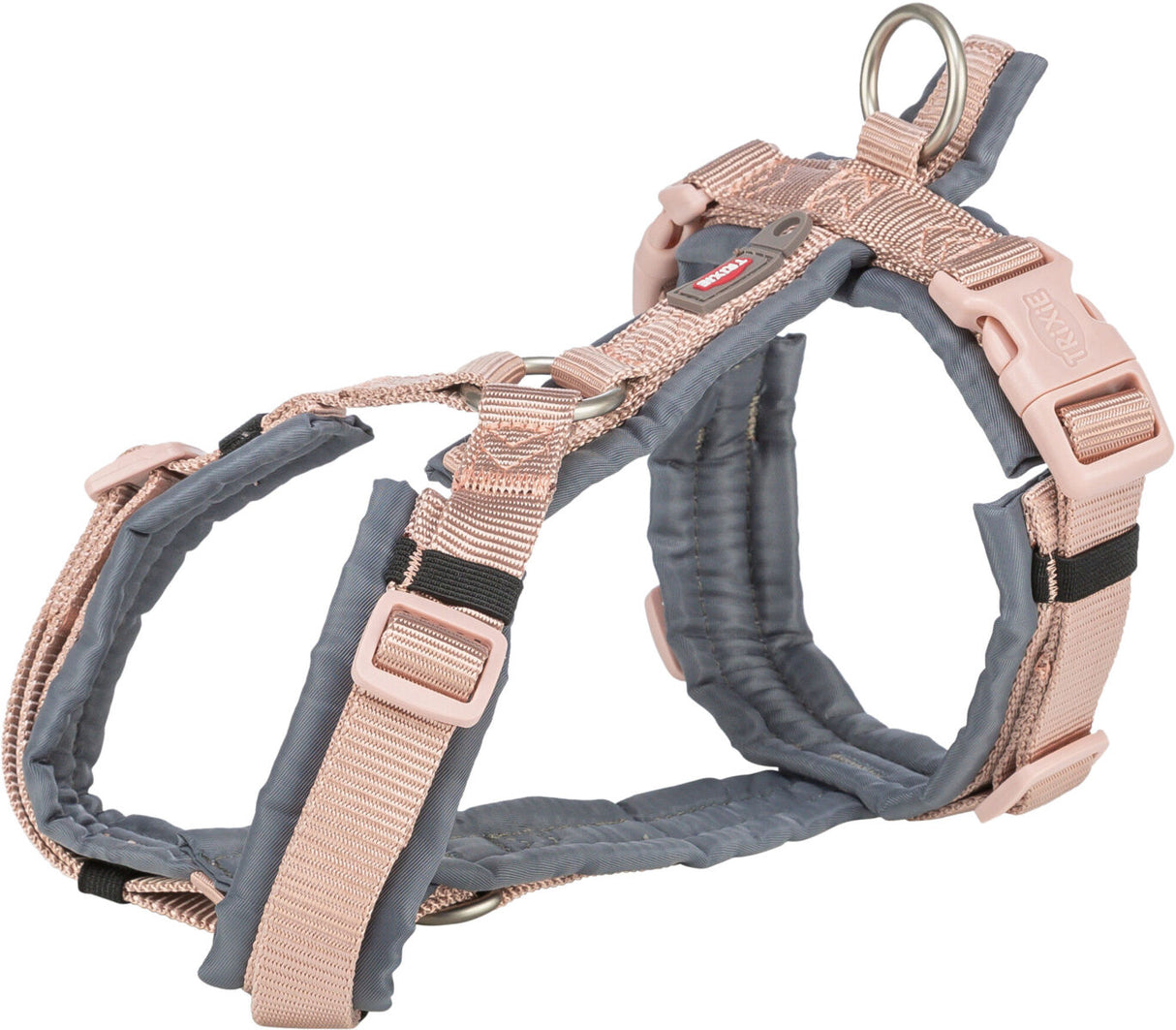 Rosa und graues Hundegeschirr mit gepolsterten Riemen, Steckverschlüssen und Metallringen.