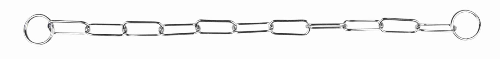 Metallkette mit abwechselnd ovalen und rechteckigen Gliedern und runden Endschlaufen auf weißem Hintergrund.