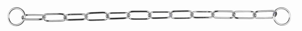 Lange silberne Kette mit ovalen Gliedern und je einem runden Ring an beiden Enden, auf weißem Hintergrund.