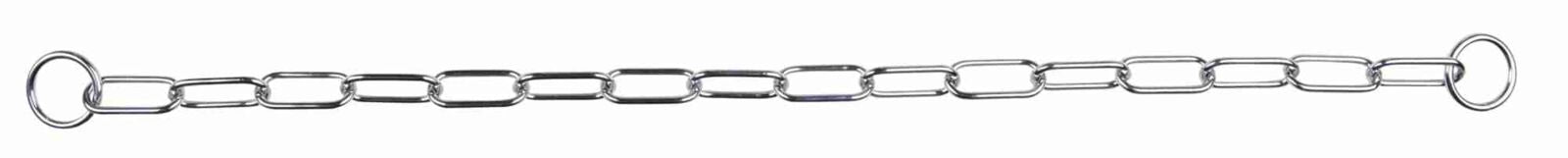 Metallkette mit rechteckigen Kettengliedern und runden Ringen an den Enden auf weißem Hintergrund.