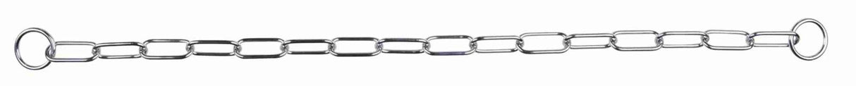 Metallkette mit rechteckigen Kettengliedern und runden Ringen an den Enden auf weißem Hintergrund.