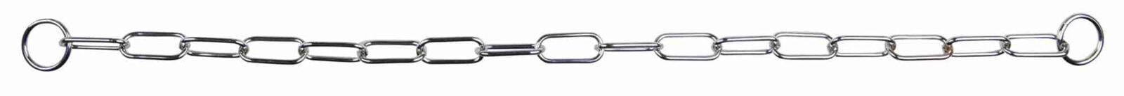 Lange Kette aus metallischen, rechteckigen Gliedern mit kreisförmigen Enden, silberfarben.