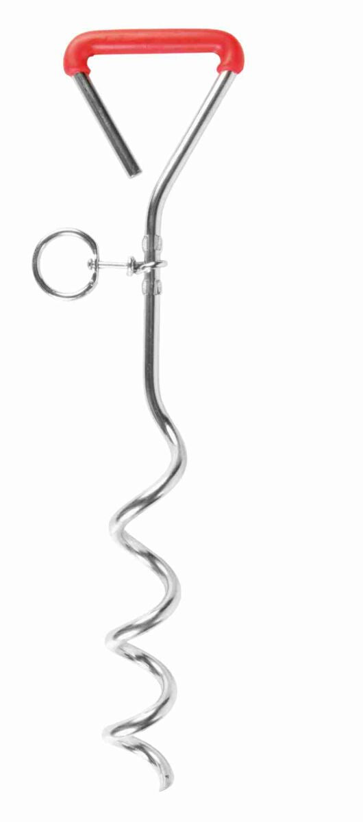 Silberner Anlegepflock mit spiralförmigem Stab und rotem Griff, sowie Metallring auf weißem Hintergrund.