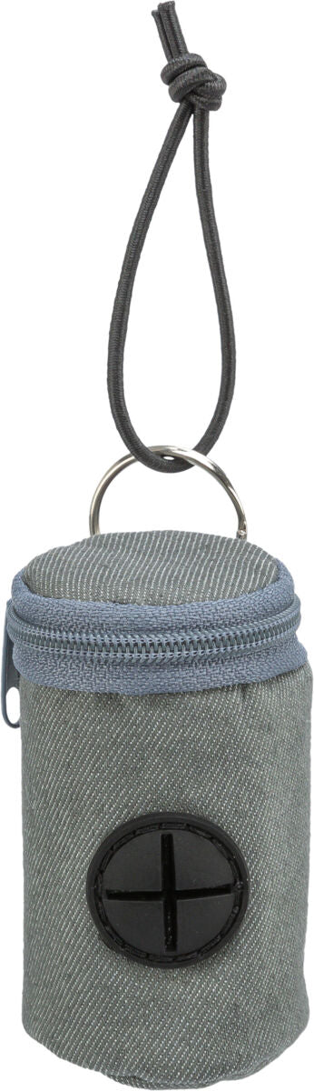 Grauer zylindrischer Behälter mit Reißverschluss, schwarzer Kreuzöffnung und Schlaufe zum Aufhängen.
