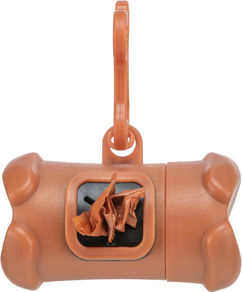 Brauner, knochenförmiger Spender mit Kunststoffhaken und eingestecktem Papier, geeignet für Kotbeutel.