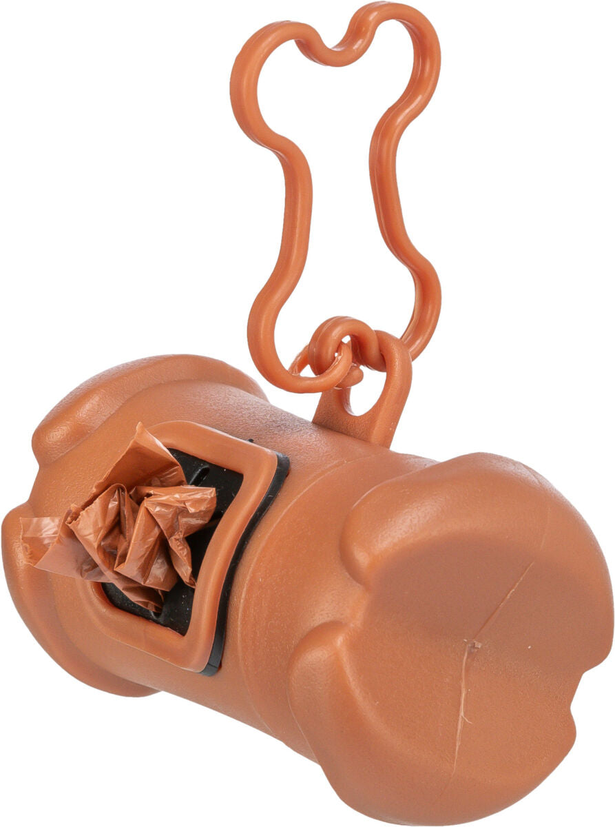 Brauner Kunststoffbehälter in Knochenform mit Öffnung für Hundekotbeutel und einem Knochen-förmigen Befestigungsclip.