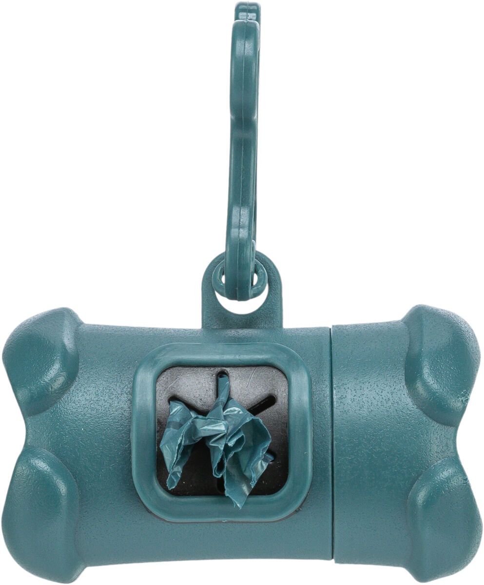 Türkisfarbener Beutelspender in Knochenform mit eingestecktem blauen Beutel und Befestigungshaken.