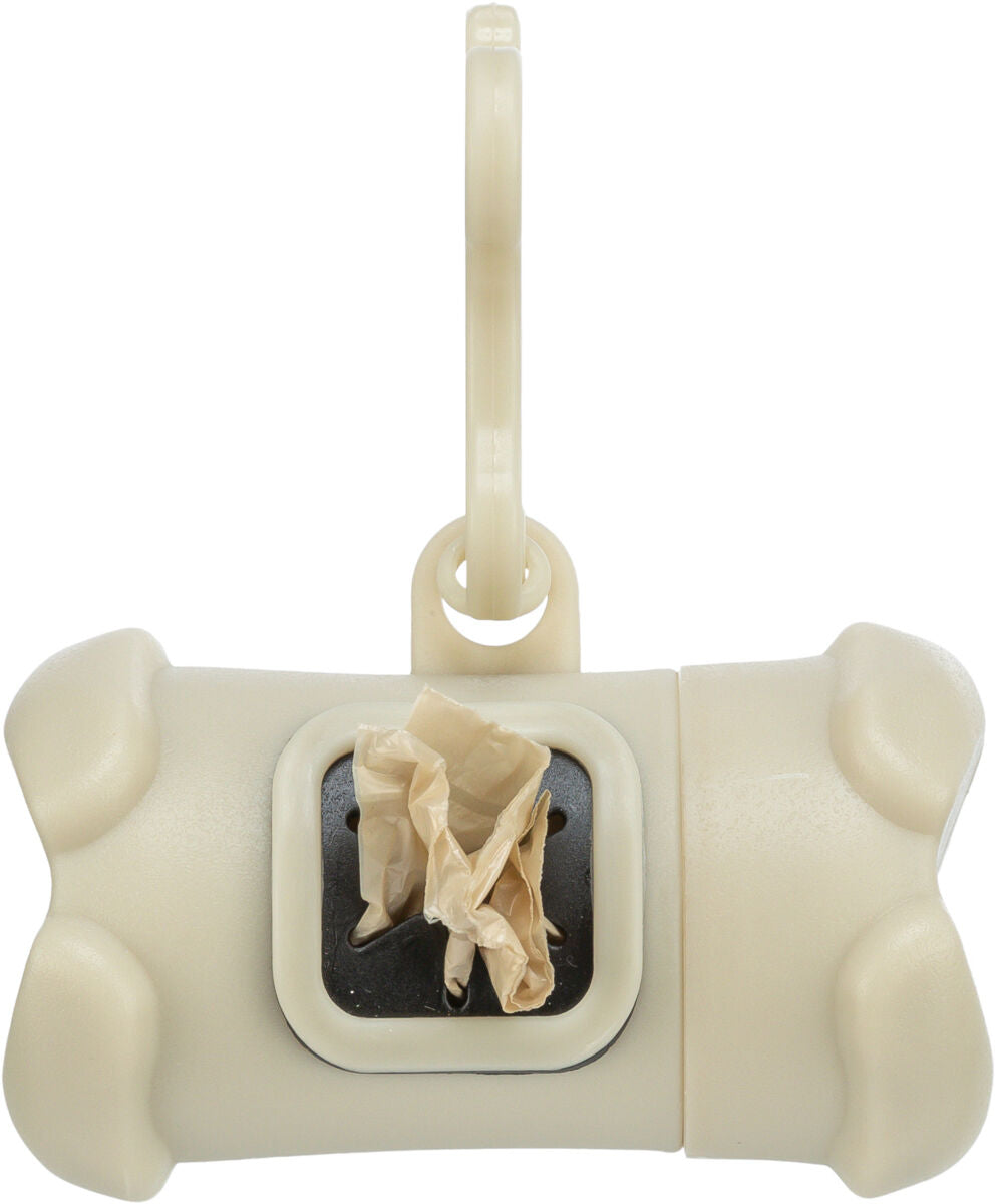 Beigefarbener, knochenförmiger Beutelspender mit Ringhalterung, aus dem ein gewellter Papiersack herausragt.